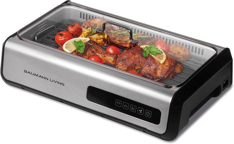 Baumann Living Indoor Smokeless Grill 1500W with Smart LED Touch Screen, Tempered Glass Lid, 2 Removable Ceramic Nonstick Grill & Griddle Plate, in a Sleek Design with Brush Chrome Finish.