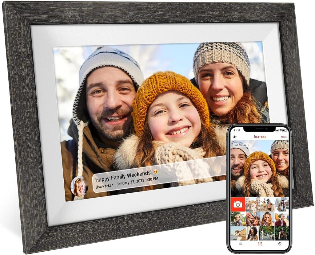Frameo 10.1 inch Digital Picture Frame WiFi 32GB Smart Digital Photo Frame Wood IPS HD 1280 * 800 1080P Touch Screen Auto-Rotate Easy Setup to use Free Share Photos and Videos app Anywhere