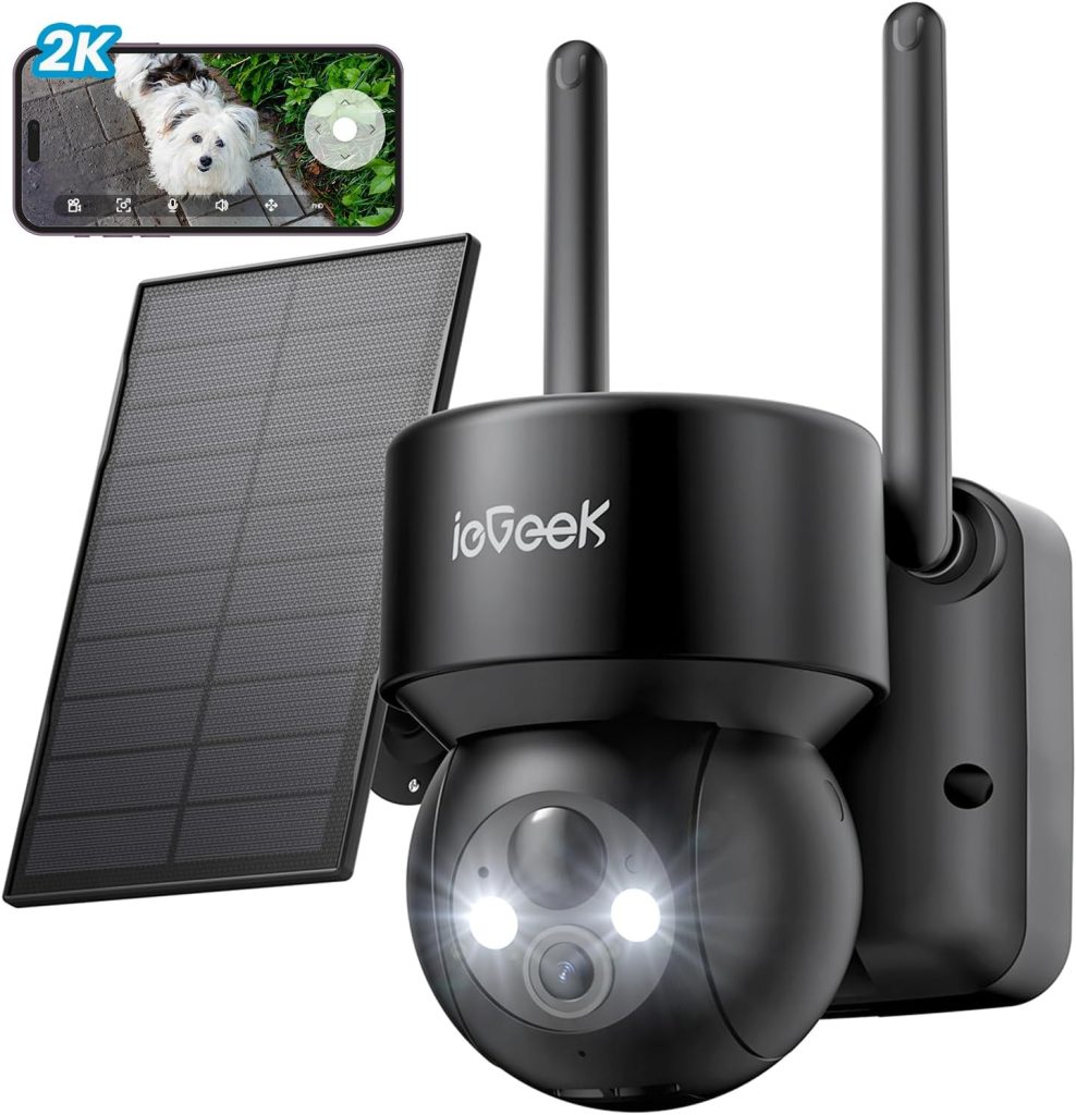 ieGeek Security Cameras Wireless Outdoor – Smart 2K Solar WiFi Camera System with 360°PTZ for Home Surveillance, Battery Powered Cam with Night Vision, Motion Sensor, Spotlight, AI, Works with Alexa
