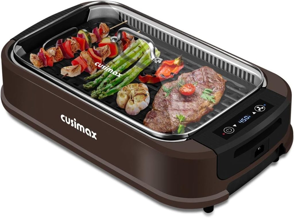 Indoor Grill, CUSIMAX Smokeless Grill Indoor, Electric Grill Griddle, 1500W Korean BBQ Grill with LED Smart Display & Tempered Glass Lid, Non-stick Removable Grill Plate & Griddle Plate, Red