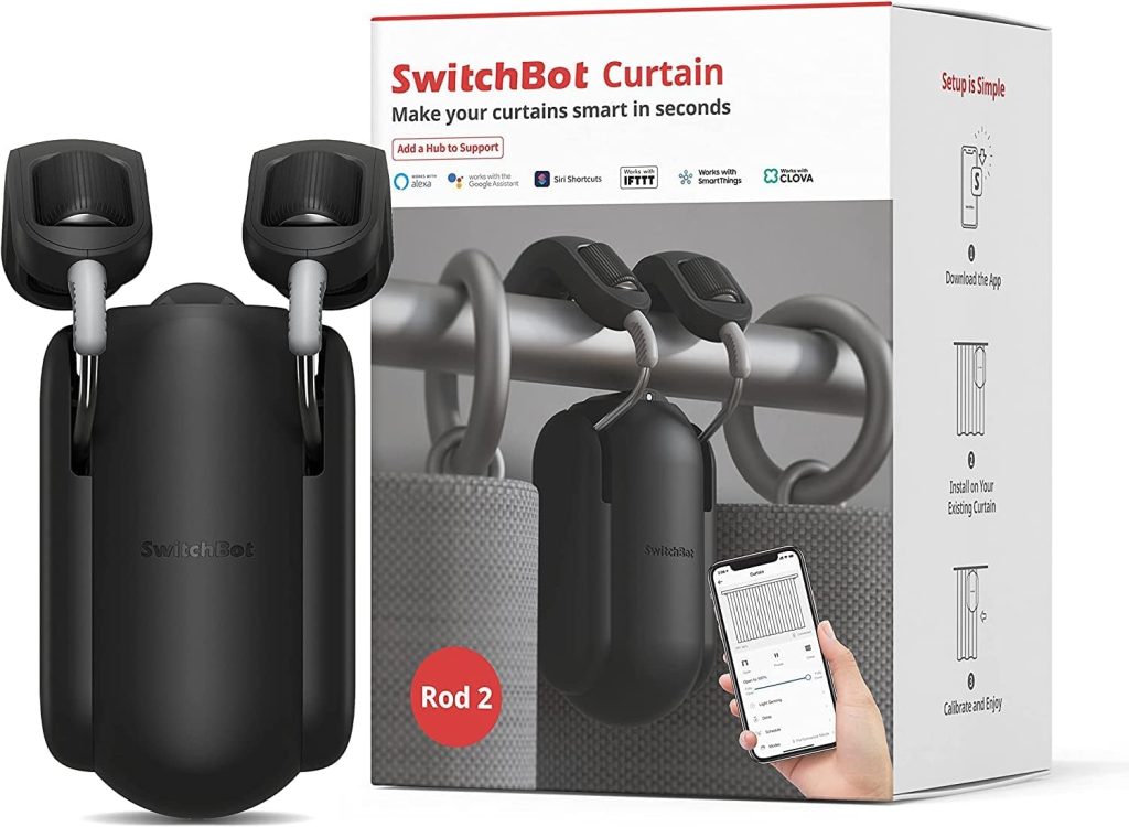SwitchBot Curtain Smart Electric Motor – Wireless App Automate Timer Control, Add SwitchBot Hub to Make it Compatible with Alexa, Google Home, IFTTT (Rod2.0 Version, Black)